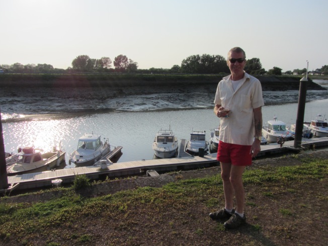 Enjoying an evening drink at motorhome aire at Gravelines